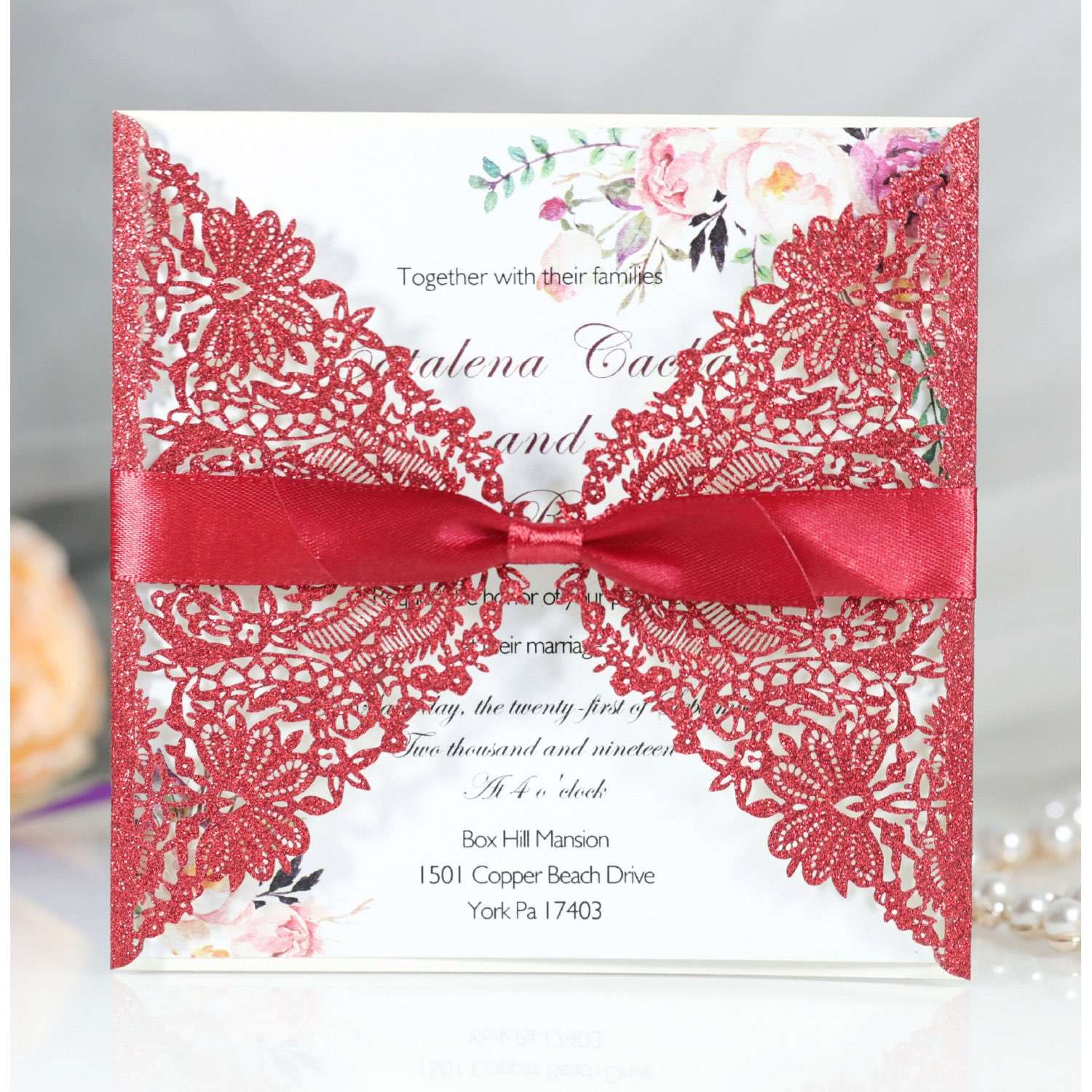 Invitation Card With Ribbon Bow Wedding Invitation Card Laser Cut Glitter Paper